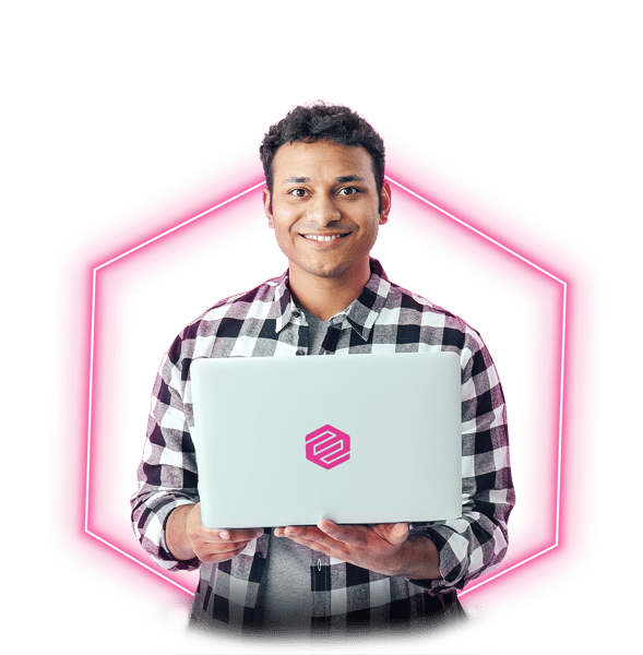 Ethisham-neon man smiling in front of laptop-1