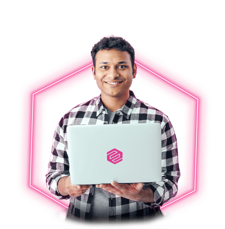Ethisham-neon man smiling in front of laptop-2