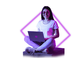 Priscila - neon woman with glasses sitting smiling in front of laptop 2022-05 (2)