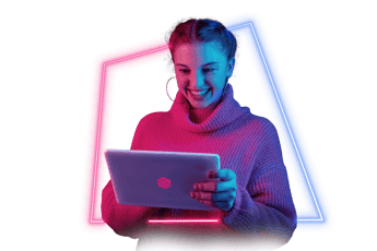 Ruth- neon young woman smiling in front of tablet 2022-02-3