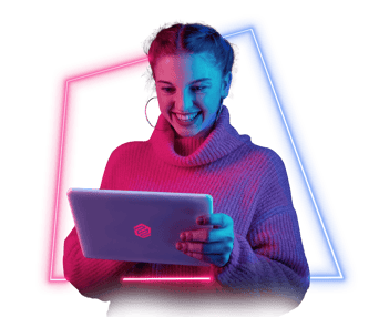Ruth- neon young woman smiling in front of tablet-1-1-1