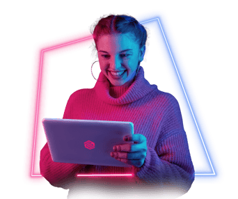 Ruth- neon young woman smiling in front of tablet-1-1