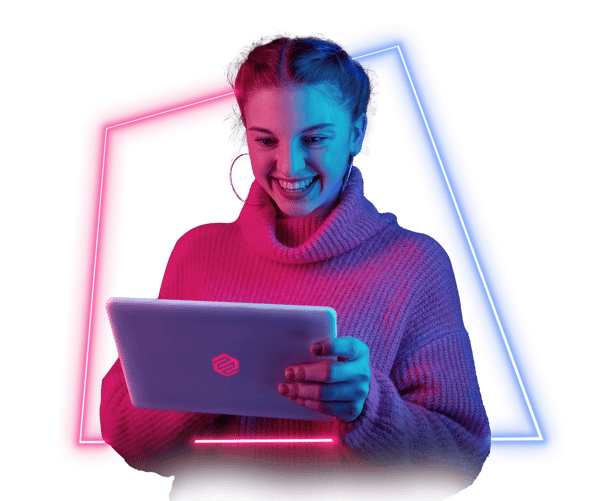Ruth- neon young woman smiling in front of tablet-1-1