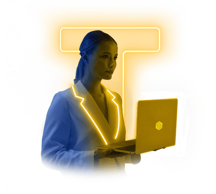 Unity Offering woman holding laptop blue yellow neon lights 2023-04